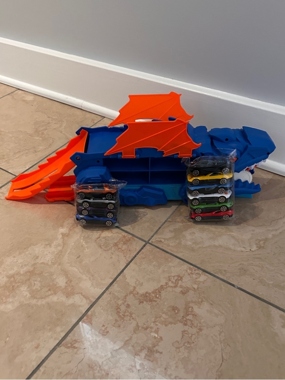 Dinosaur Car Carrier Blue Orange Playset with 12 Mini Race Cars NIB Birthday - Picture 7 of 9